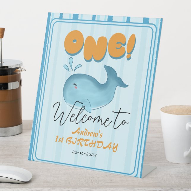 Cute Baby Blue Whale 1st Birthday Welcome Pedestal Sign (In SItu)