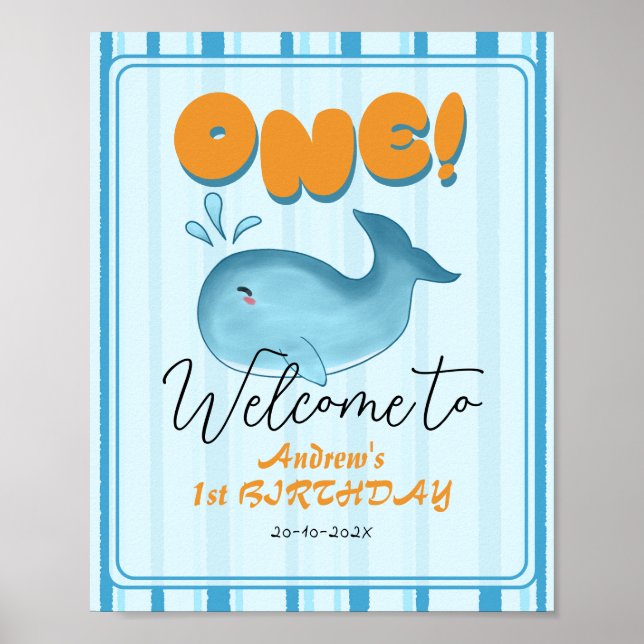 Cute Baby Blue Whale 1st Birthday Welcome Sign (Front)