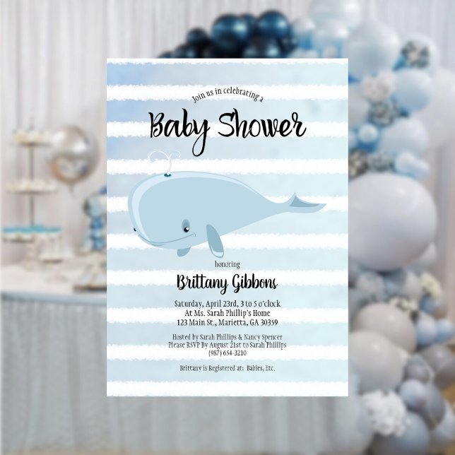 Cute Baby Blue Whale Striped Baby Shower Invitation (Creator Uploaded)