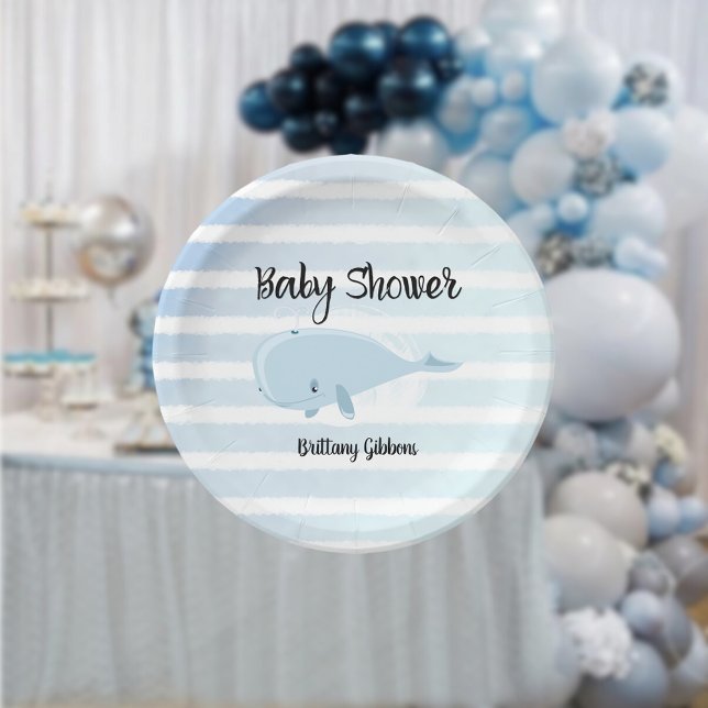 Cute Baby Blue Whale Striped Baby Shower Paper Plate (Creator Uploaded)