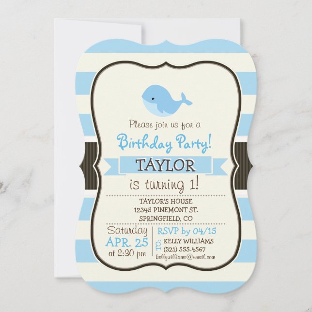 Cute Baby Blue Whale; Stripes Invitation (Front)