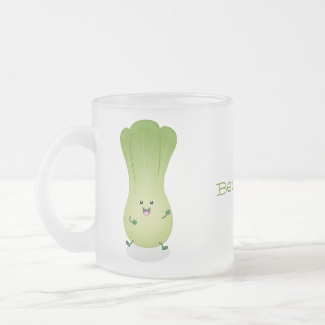 Cute baby bok choy cartoon illustration frosted glass coffee mug (Left)