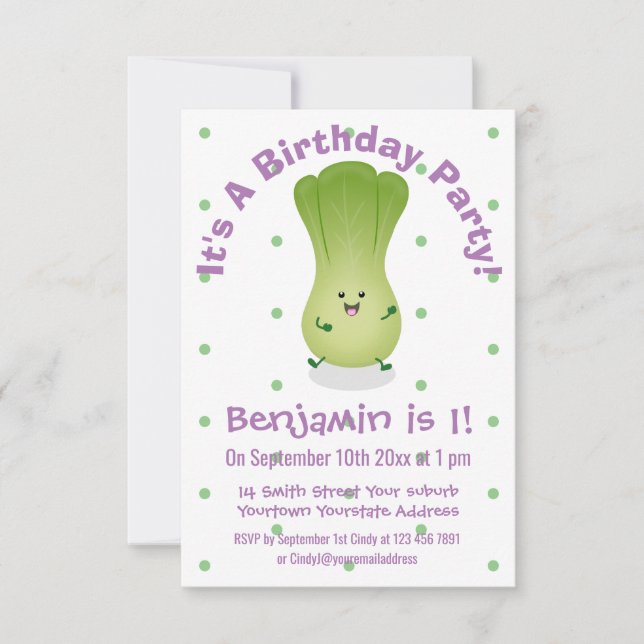 Cute baby bok choy cartoon illustration invitation (Front)