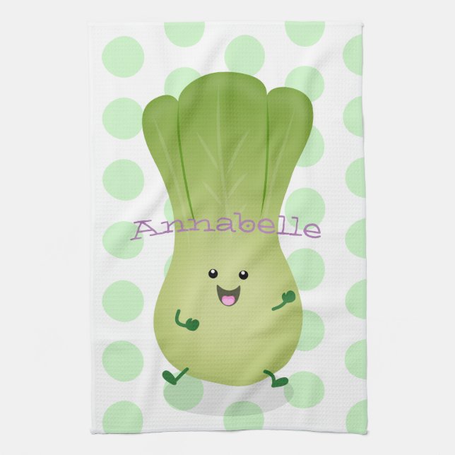 Cute baby bok choy cartoon illustration tea towel (Vertical)
