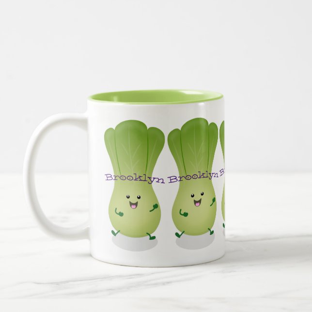 Cute baby bok choy cartoon illustration Two-Tone coffee mug (Left)