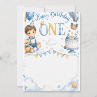 Cute Baby Boy 1st Birthday Invitation Watercolor