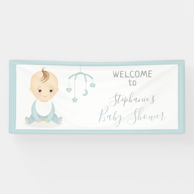 Cute Baby Boy and his Mobile Baby Shower Banner (Horizontal)