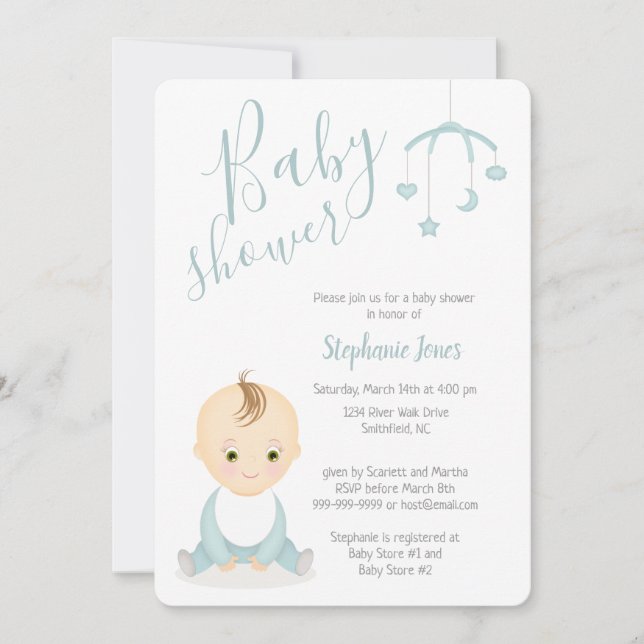 Cute Baby Boy and his Mobile Baby Shower Invitation (Front)