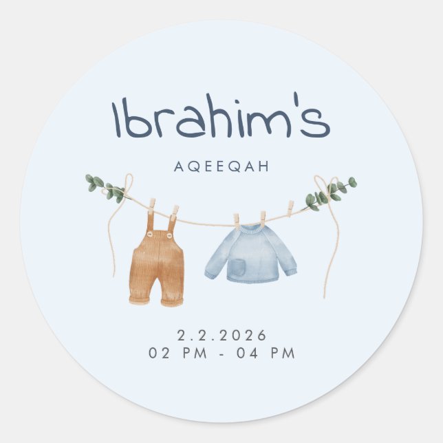 Cute Baby Boy Aqiqah Thank You Stickers Blue Brown (Front)