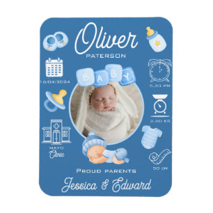Cute Baby Boy Birth Stats Blue Newborn Modern Magnet