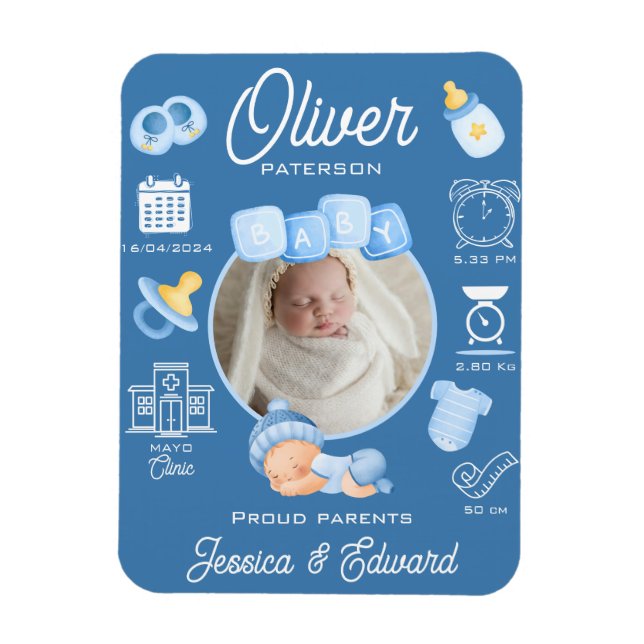 Cute Baby Boy Birth Stats Blue Newborn Modern Magnet (Vertical)