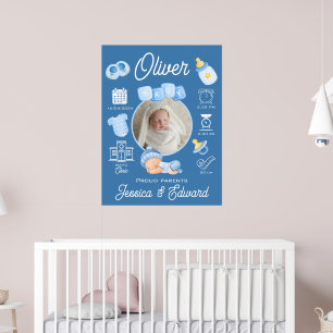 Cute Baby Boy Birth Stats Blue Newborn Modern Poster