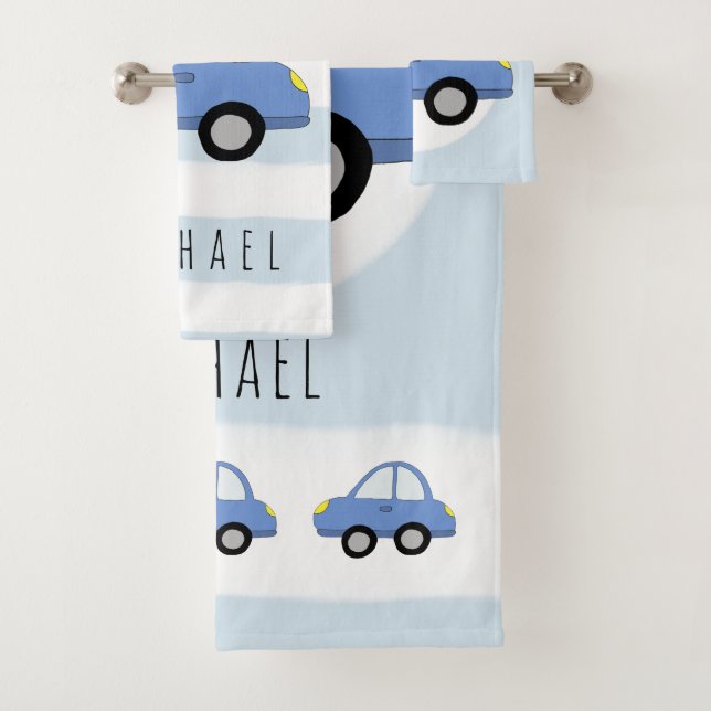 Cute Baby Boy Blue Car Vehicle & Name Bath Towel Set (Insitu)