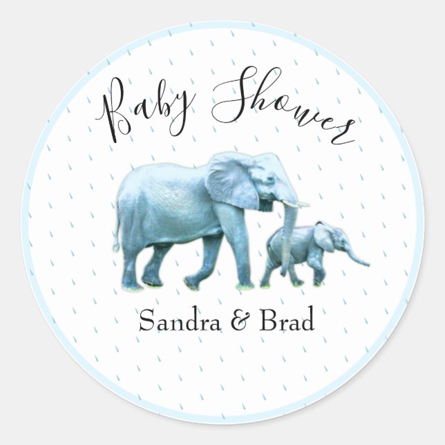 Cute Baby boy blue Elephants Baby Shower Classic Round Sticker (Front)