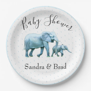 Cute Baby boy blue Elephants Baby Shower Paper Plate