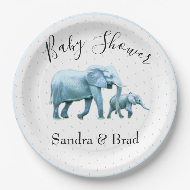 Cute Baby boy blue Elephants Baby Shower Paper Plate (Front)