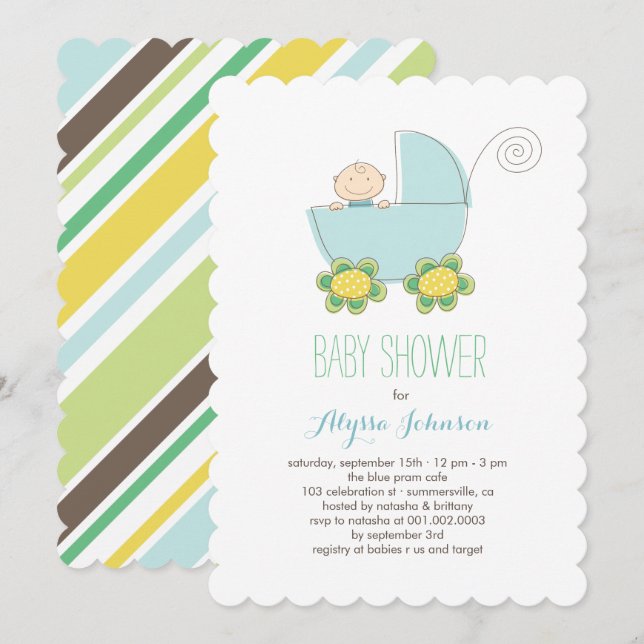 Cute Baby Boy Blue Pram Baby Shower Invite (Front/Back)