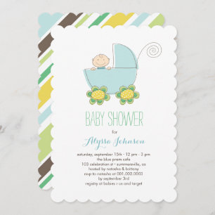 Cute Baby Boy Blue Pram Baby Shower Invite