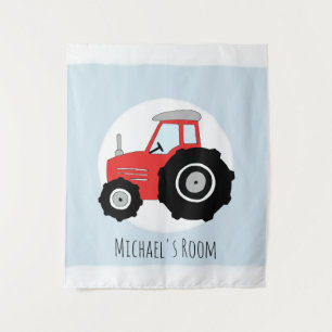 Cute Baby Boy Doodle Red Farm Tractor Name Nursery Tapestry