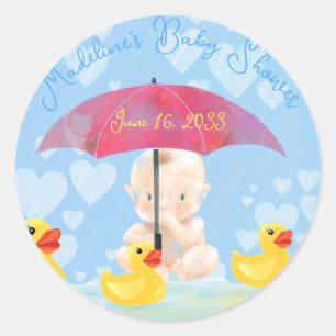 Cute Baby Boy Ducky and Umbrella Round Baby Shower Classic Round Sticker