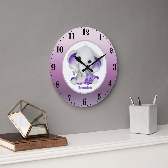 cute baby boy elephant add name nursery  large clock (Office)