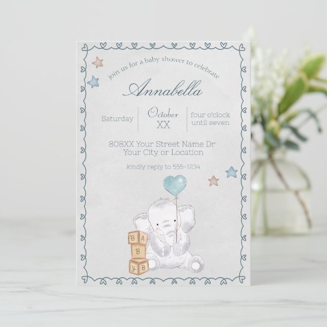 Cute Baby Boy Elephant and Balloon Watercolor Invitation (Standing Front)