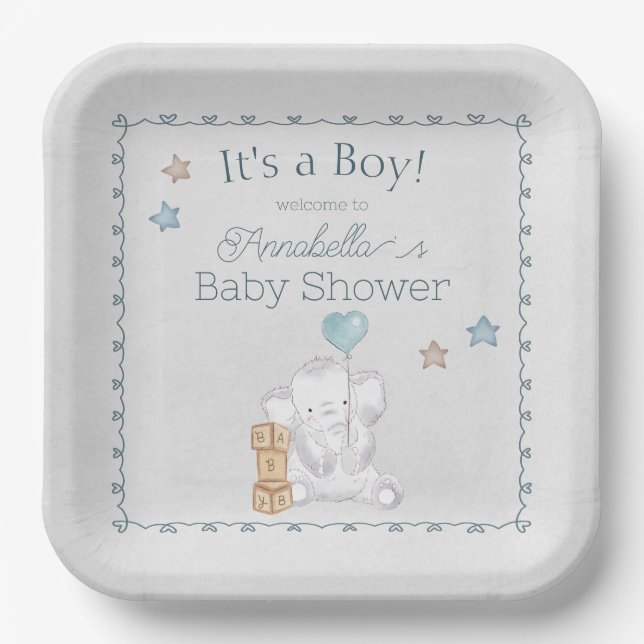 Cute Baby Boy Elephant and Balloon Watercolor Paper Plate (Front)