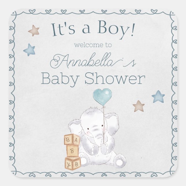 Cute Baby Boy Elephant and Balloon Watercolor Square Sticker (Front)