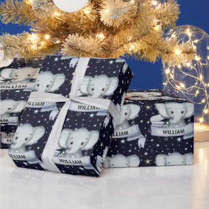 Cute Baby Boy Elephant Custom Name Stars Blue Wrapping Paper