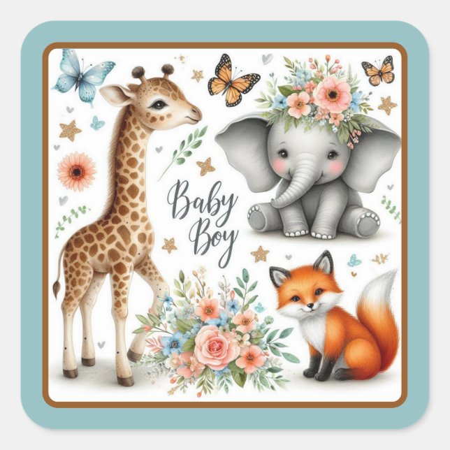 Cute Baby Boy Elephant, Fox and Giraffe Square Sticker (Front)
