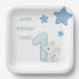 Cute Baby Boy Elephant & Stars 1st Birthday Design Paper Plate