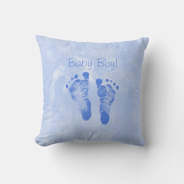 Cute Baby Boy Footprints Birth Announcement Cushion (Front)