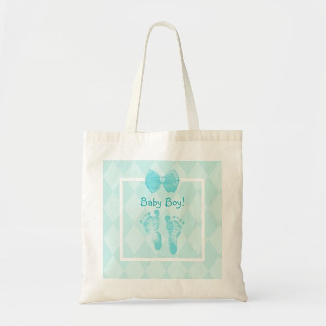 Cute Baby Boy Footprints Blue Ribbon Tote Bag (Front)