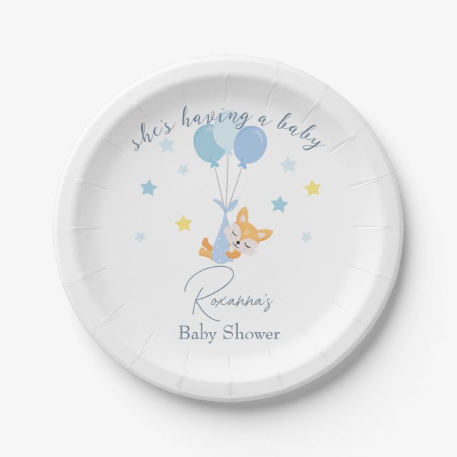 Cute Baby Boy Fox and Balloons Paper Plate (Front)
