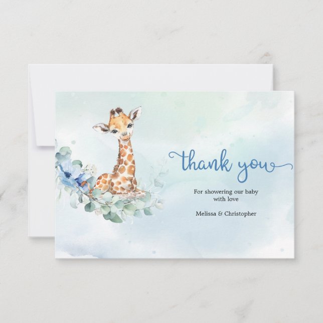 Cute baby boy giraffe blue flowers eucalyptus  thank you card (Front)
