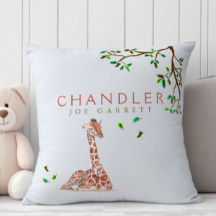Cute baby boy giraffe pastel green tree nursery cushion