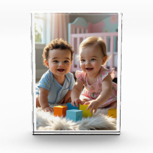 Cute Baby Boy & Girl Playing in a Sunlit Nursery Photo Block