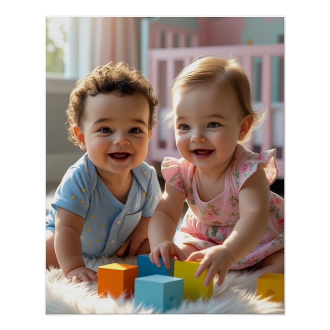 Cute Baby Boy & Girl Playing in a Sunlit Nursery Poster (Front)