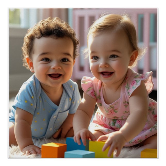 Cute Baby Boy & Girl Playing in a Sunlit Nursery Poster (Front)