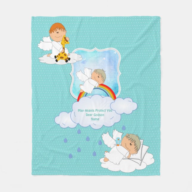 Cute Baby BOY Godson Angels Personalised Fleece Blanket (Front)