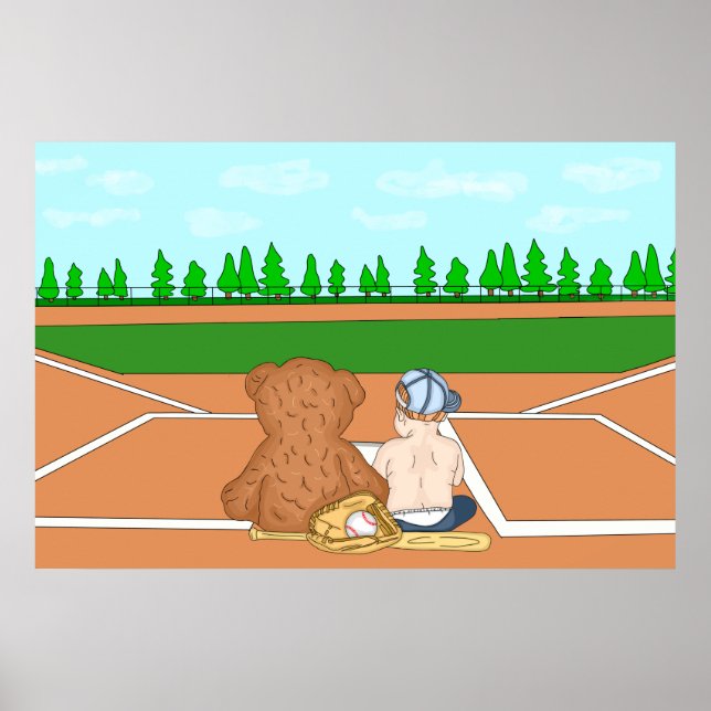 Cute Baby Boy in Baseball Cap next to Teddy Bear Poster (Front)