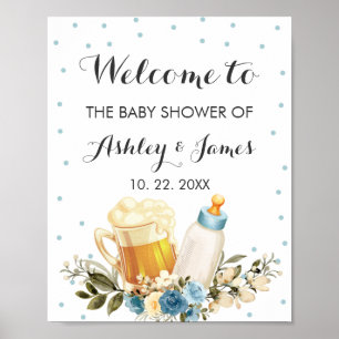 Cute Baby Boy is Brewing Blue Baby Shower Welcome Poster