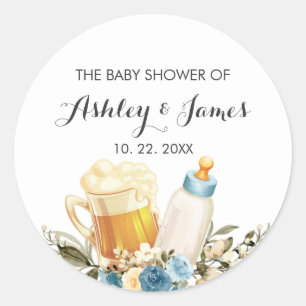 Cute Baby Boy is Brewing Blue Cheers Baby Shower Classic Round Sticker
