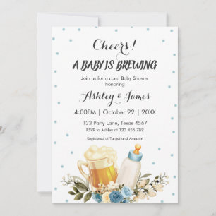 Cute Baby Boy is Brewing Blue Cheers Baby Shower Invitation