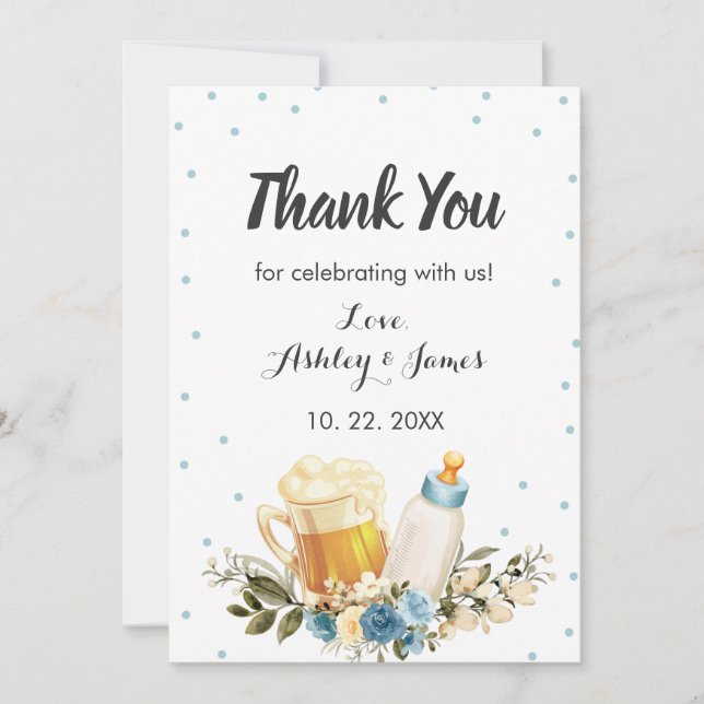 Cute Baby Boy is Brewing Blue Cheers Baby Shower Thank You Card (Front)
