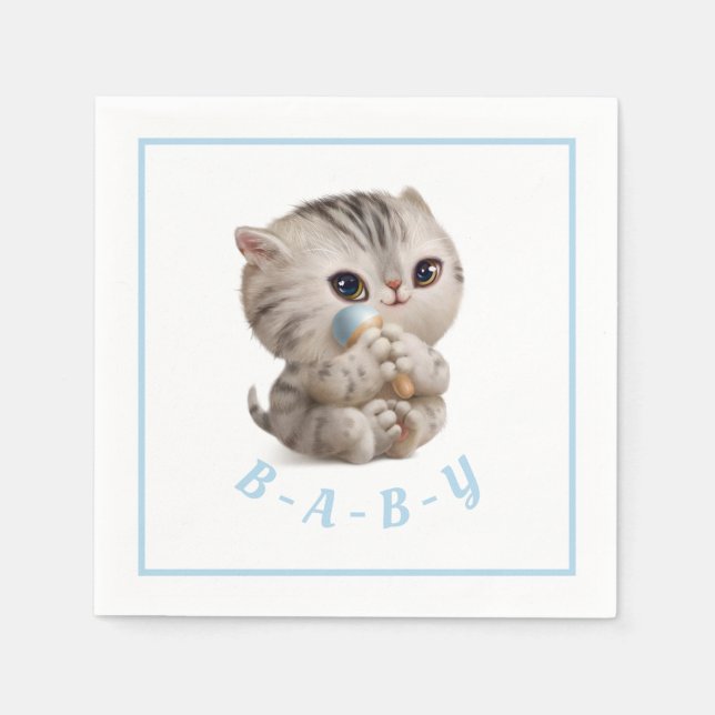 Cute Baby Boy Kitten Hand Drawn Blue Typography Napkin (Front)