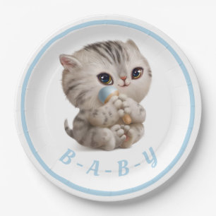 Cute Baby Boy Kitten Hand Drawn Blue Typography Paper Plate