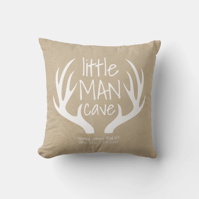Cute Baby Boy Little Man Cave Birth Stats Cushion (Front)