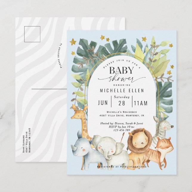 Cute  baby boy modern safari jungle animals shower invitation postcard (Front/Back)