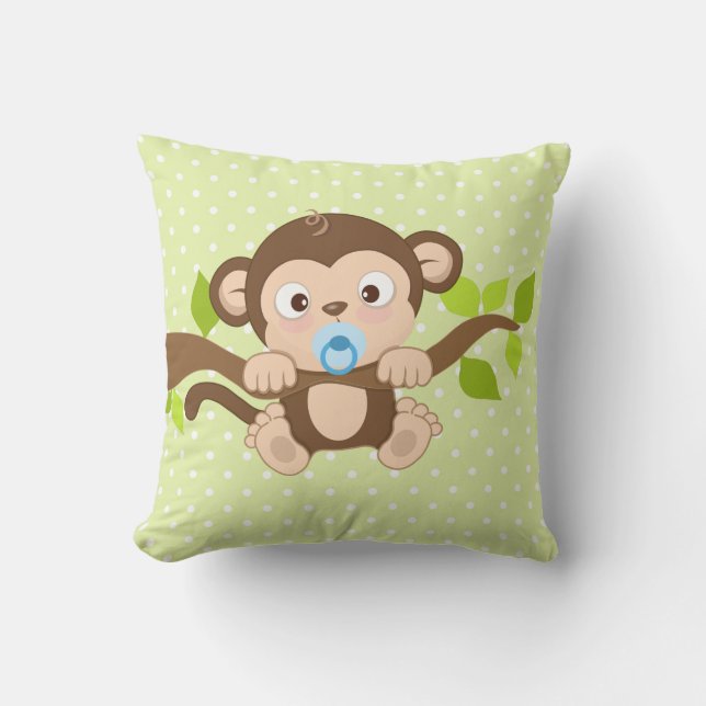 Cute Baby Boy Monkey Green Polka Dots Throw Pillow (Front)